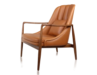 Fauteuil scandinave bois teinte merisier et cuir caramel Fauteuil scandinave bois teinte merisier et cuir caramel