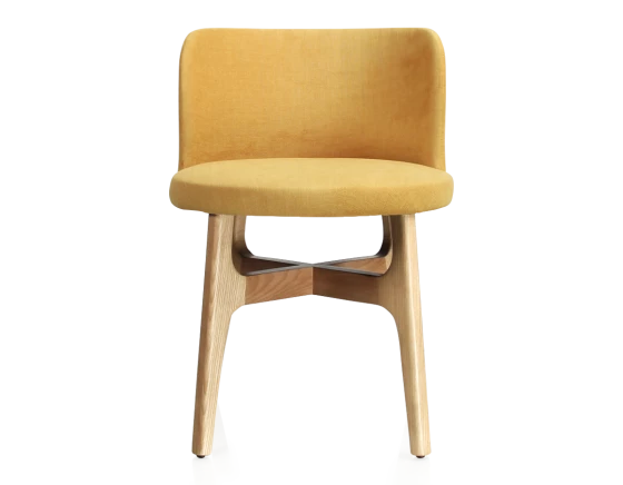 Chaise design bois teinte naturelle assise tissu jaune