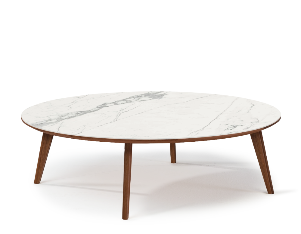 Round walnut and ceramic F1 coffee table wooden tray with a natural finish and a white marble-effect ceramic top m1. 90x90x40 cm