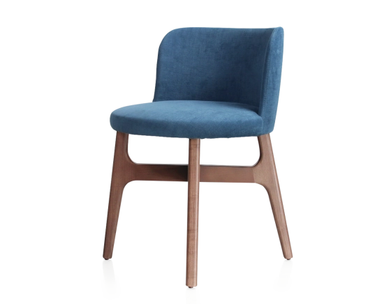 Chaise design bois teinte noyer assise tissu bleu jean