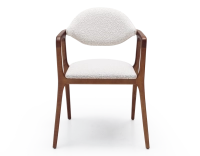 Designer armchair cherry wood stain and white bouclé fabric Designer armchair cherry wood stain and white bouclé fabric