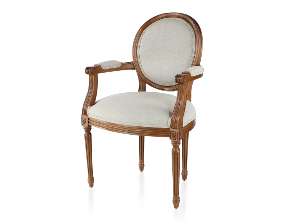 Chaise ancienne style Louis XVI avec accoudoirs bois teinte ancienne et tissu beige naturel Chaise ancienne style Louis XVI avec accoudoirs bois teinte ancienne et tissu beige naturel