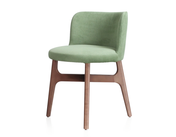 Chaise design bois teinte noyer assise tissu vert