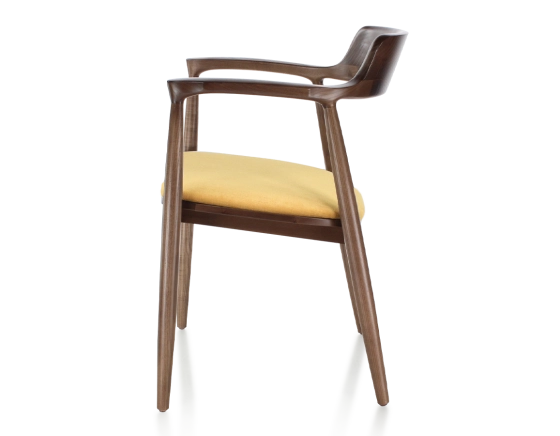 Scandinavian chair dark brown stained wood and yellow fabric