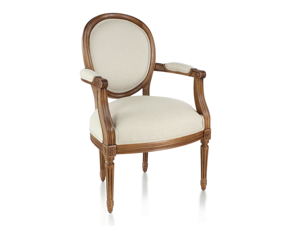 Fauteuil ancien style Louis XVI bois teinte ancienne et tissu chevron beige Fauteuil ancien style Louis XVI bois teinte ancienne et tissu chevron beige