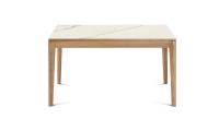Extendable table for 6 to 10 people in oak and ceramic with wooden extensions with natural stained wood and white marble effect ceramic top 140x90 cm Extendable table for 6 to 10 people in oak and ceramic with wooden extensions with natural stained wood and white marble effect ceramic top 140x90 cm