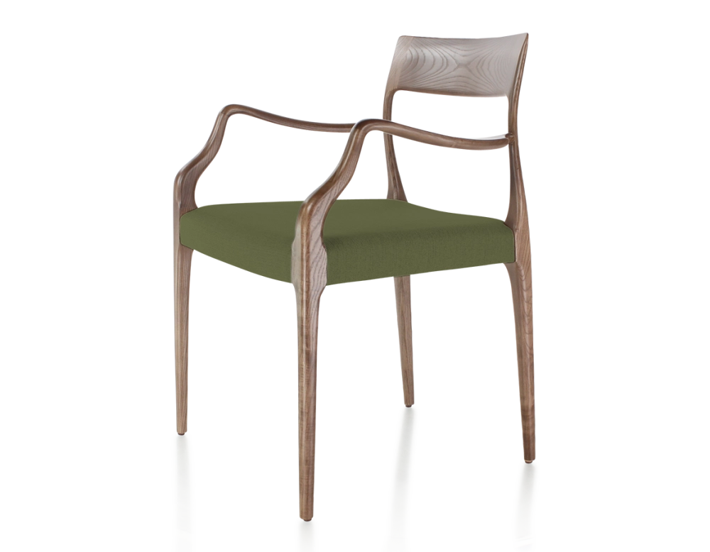 Chaise scandinave avec accoudoirs bois teinte marron foncé assise tissu vert olive Chaise scandinave avec accoudoirs bois teinte marron foncé assise tissu vert olive