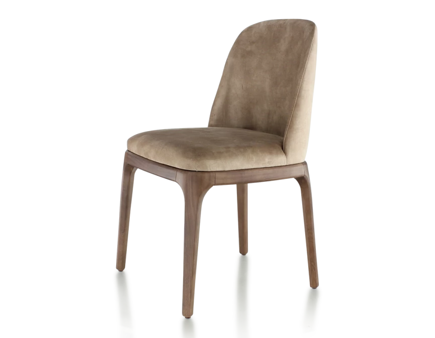 Chaise design bois teinte marron foncé et tissu velours taupe clair