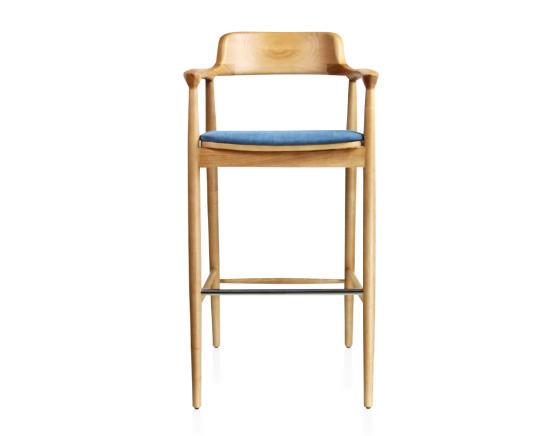 Tabouret de bar h80 cm bois teinte naturelle assise tissu bleu jean