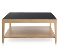 Square coffee table in oak and ceramic with shelf in natural stained wood, plain black ceramic top 100x100 cm Square coffee table in oak and ceramic with shelf in natural stained wood, plain black ceramic top 100x100 cm