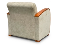Fauteuil design bois teinte merisier et tissu vert bambou