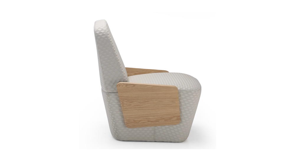 Fauteuil design sans accoudoirs chêne teinte naturelle assise tissu beige Fauteuil design sans accoudoirs chêne teinte naturelle assise tissu beige
