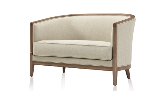 Canapé ancien 2 places bois teinte noyer et tissu beige naturel