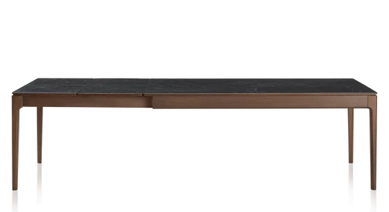 Table extensible en chêne et céramique allonges céramique avec bois teinte marron foncé et plateau et allonges céramique effet ardoise 140x90 cm