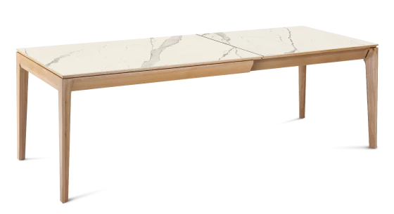 Table extensible en chêne et céramique allonges céramique avec bois teinte naturelle et plateau et allonges céramique effet marbre blanc 140x90 cm