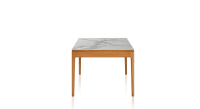 Table extensible 8 à 12 personnes en chêne et céramique allonges céramique avec bois teinte merisier et plateau et allonges céramique effet marbre blanc 180x100 cm