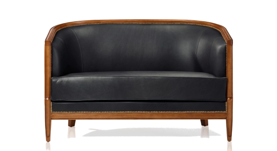 Canapé ancien 2 places accoudoirs moulurés bois teinte ancienne et cuir noir