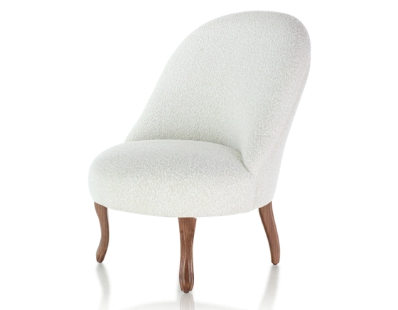 Fauteuil crapaud sans accoudoirs pieds bois teinte noyer et tissu bouclé blanc