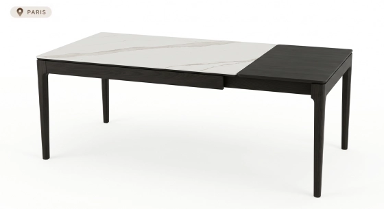 Table extensible 6 à 10 personnes en chêne et céramique allonges bois avec bois teinte anthracite et plateau céramique effet marbre blanc 140x100 cm