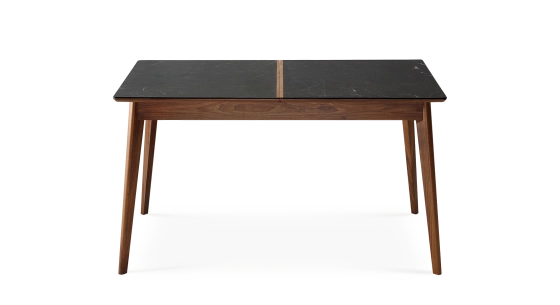 Extending table for 6 to 10 people in walnut and ceramic with wooden extensions with natural stained wood and oxidised brown ceramic top 140x90 cm