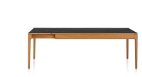 Table extensible 8 à 14 personnes en chêne et céramique allonges céramique avec bois teinte merisier et plateau et allonges céramique effet marbre noir 210x100 cm