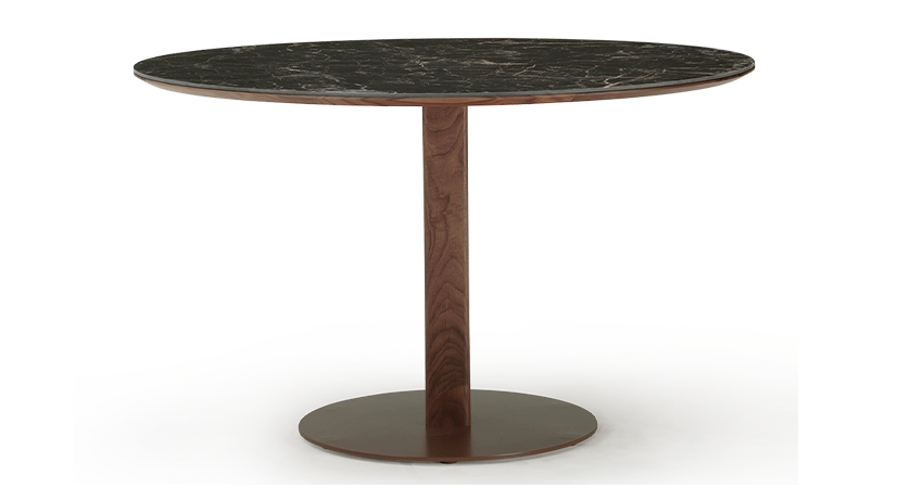 Round walnut and ceramic dining table for 4 to 6 people with a natural wood finish and a black m2 marble-effect ceramic top. 110x110 Round walnut and ceramic dining table for 4 to 6 people with a natural wood finish and a black m2 marble-effect ceramic top. 110x110