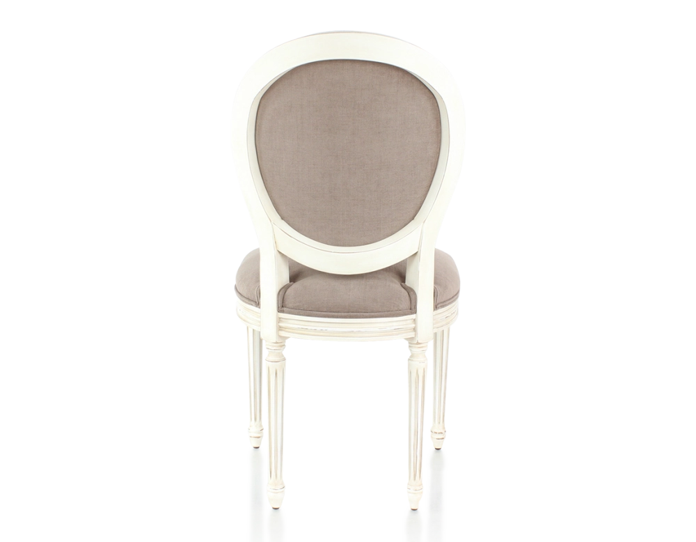 Chaise ancienne style Louis XVI bois teinte blanche cérusée et tissu taupe Chaise ancienne style Louis XVI bois teinte blanche cérusée et tissu taupe
