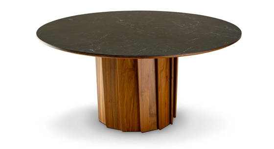 Table salle à manger ronde 8 personnes en noyer et céramique teinte naturelle plateau effet ardoise 160 cm