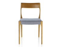 Scandinavian chair cherry-stained wood, blue chevron fabric seat Scandinavian chair cherry-stained wood, blue chevron fabric seat