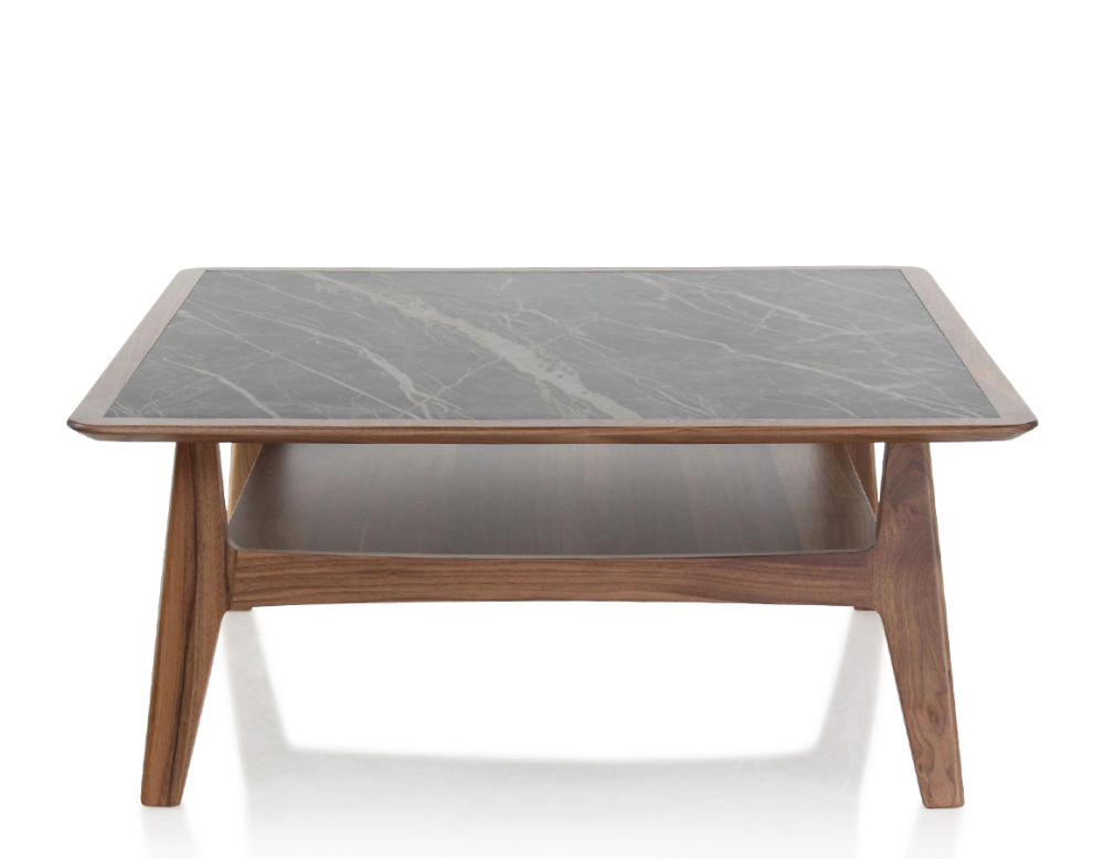 Table basse carré en noyer et céramique bois teinte naturelle plateau céramique effet marbre noir 100x100 cm Table basse carré en noyer et céramique bois teinte naturelle plateau céramique effet marbre noir 100x100 cm