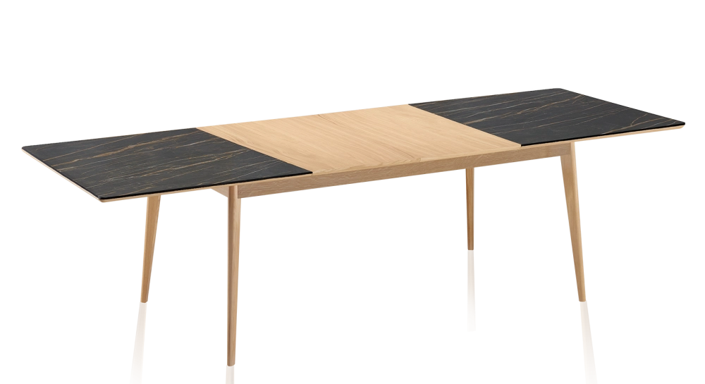 Table extensible 8 à 12 personnes en chêne et céramique allonges bois avec bois teinte naturelle et plateau céramique effet marbre noir 210x90 cm Table extensible 8 à 12 personnes en chêne et céramique allonges bois avec bois teinte naturelle et plateau céramique effet marbre noir 210x90 cm
