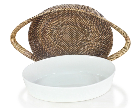 Small oval porcelain dish with small rattan flower stand