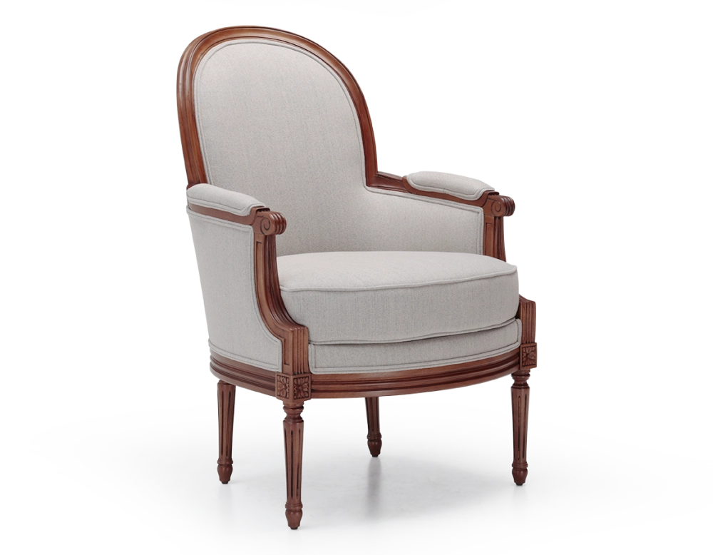 Louis XVI style moulded bergère armchair wood antique stain and natural beige fabric Louis XVI style moulded bergère armchair wood antique stain and natural beige fabric