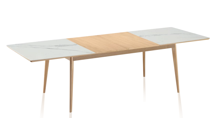 Table extensible en chêne naturel et céramique effet marbre blanc allonge chêne 140x100 cm