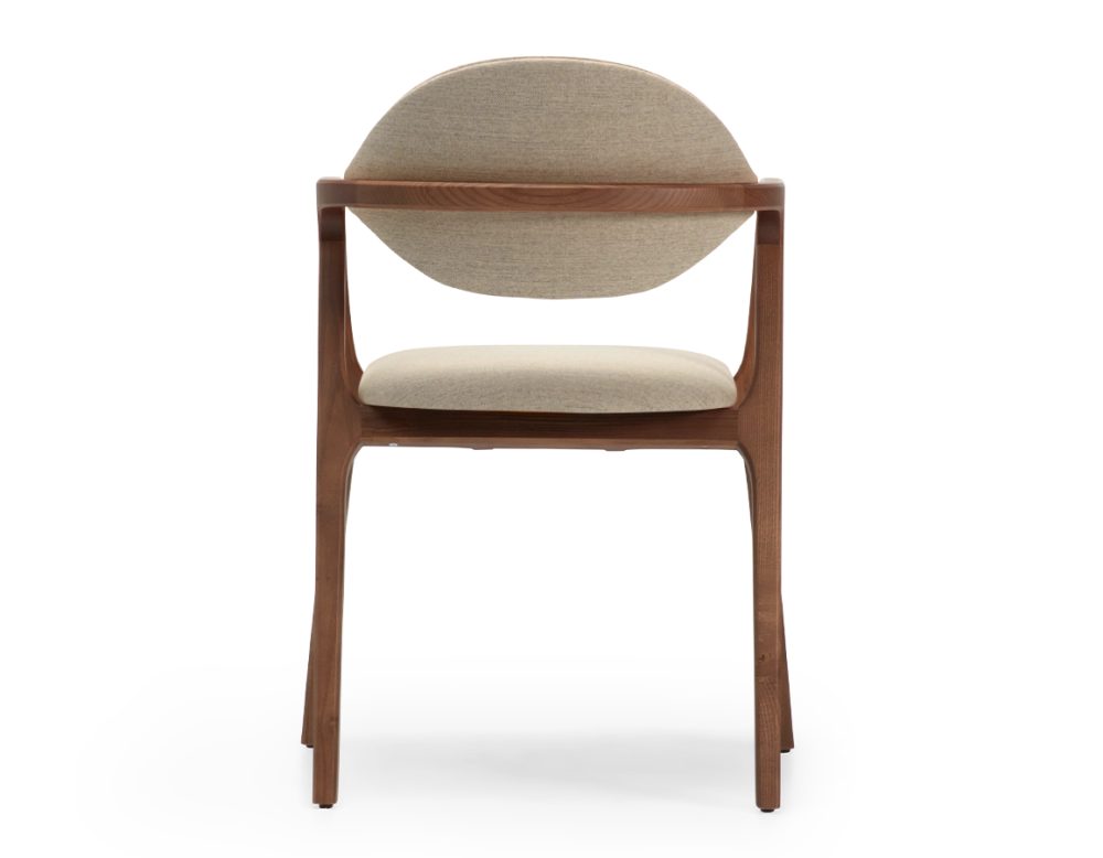 Designer armchair dark brown stained wood and taupe fabric. Designer armchair dark brown stained wood and taupe fabric.
