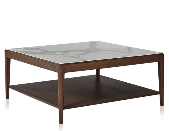 Table basse carrée en chêne foncé et céramique effet marbre blanc avec tablette 100x100 cm