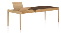 Extendable table for 6 to 10 people in oak and ceramic with wooden extensions with natural stained wood and oxidised brown ceramic top 140x90 cm Extendable table for 6 to 10 people in oak and ceramic with wooden extensions with natural stained wood and oxidised brown ceramic top 140x90 cm