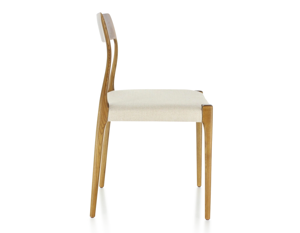 Scandinavian chair cherry-stained wood, beige chevron fabric seat Scandinavian chair cherry-stained wood, beige chevron fabric seat