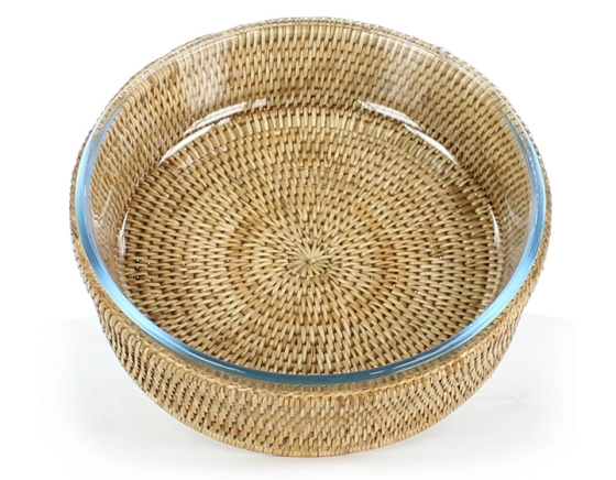 Plat pyrex rond avec support en rotin naturel