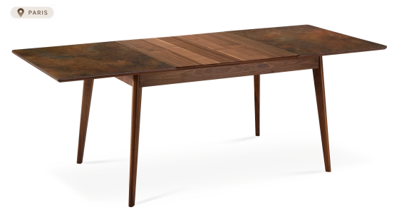 Table extensible 6 à 8 personnes en noyer et céramique allonges bois avec bois teinte naturelle et plateau céramique brun oxydé