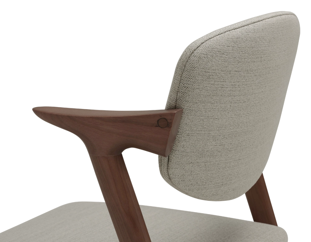 Walnut coloured design chair and natural beige fabric Walnut coloured design chair and natural beige fabric