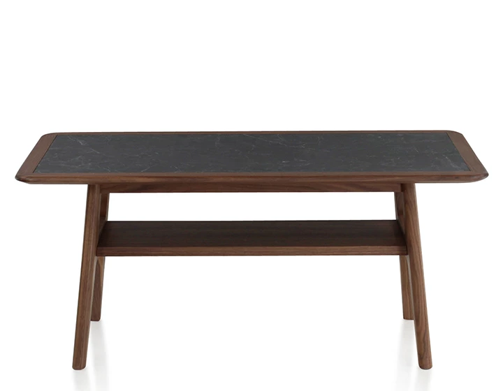 Table basse rectangulaire en noyer dessus céramique effet ardoise 100x50 cm
