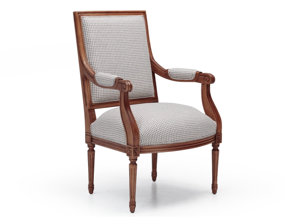Louis XVI style antique armchair wood antique stain and brown fabric