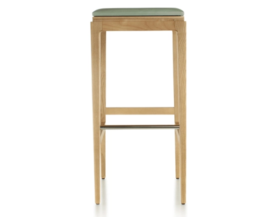 H80 cm designer bar stool natural tint wood, sage green leather seat