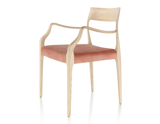 Chaise scandinave avec accoudoirs bois teinte naturelle assise tissu velours rose pâle