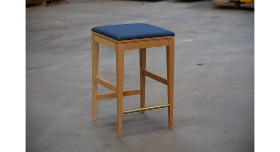 Design bar stool H65 cm natural wood finish with blue fabric seat