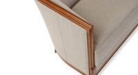 Antique 2 seater sofa with moulded armrests wood stained in an antique style and light grey fabric Antique 2 seater sofa with moulded armrests wood stained in an antique style and light grey fabric