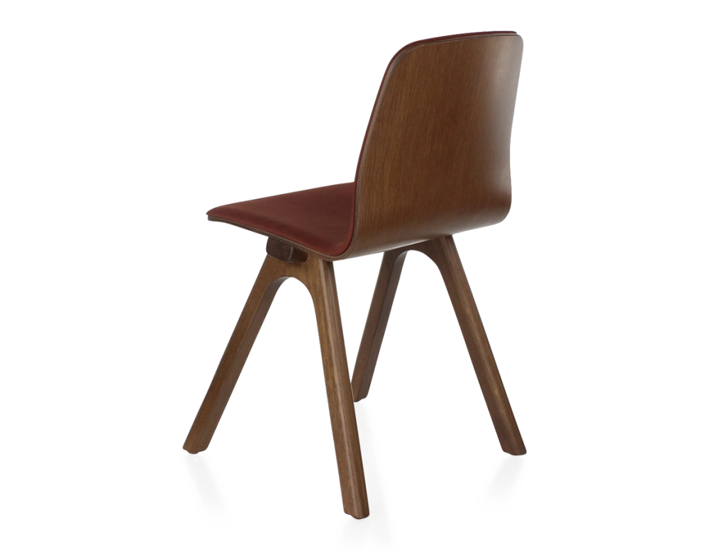 Chaise design en chêne tapissé bois teinte marron foncé assise tissu bordeaux Chaise design en chêne tapissé bois teinte marron foncé assise tissu bordeaux