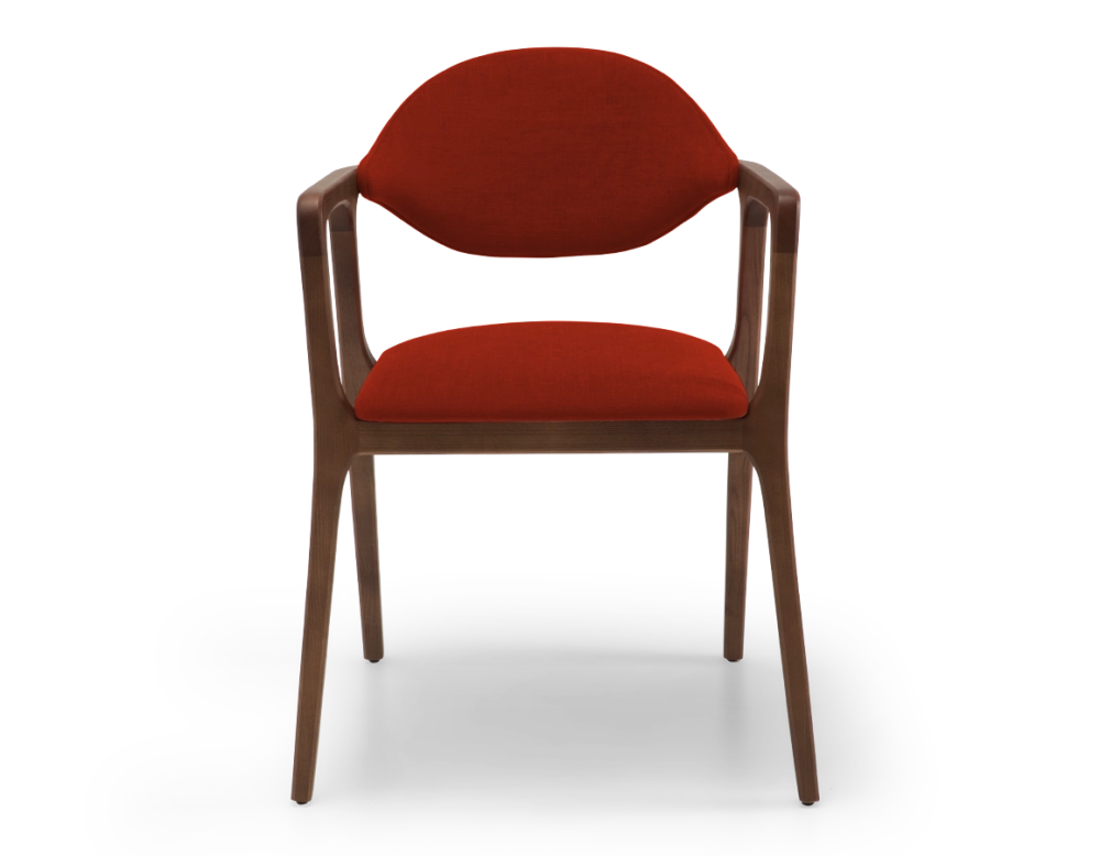 Chaise design avec accoudoirs bois teinte marron foncé et tissu orange brulé Chaise design avec accoudoirs bois teinte marron foncé et tissu orange brulé