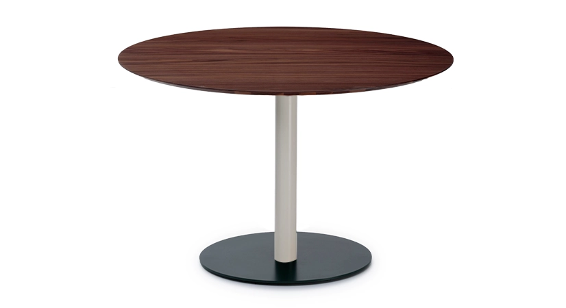 Mesa bistró aletas de roble natural, pata de metal amarillo flúor y tablero fenix malva pálido